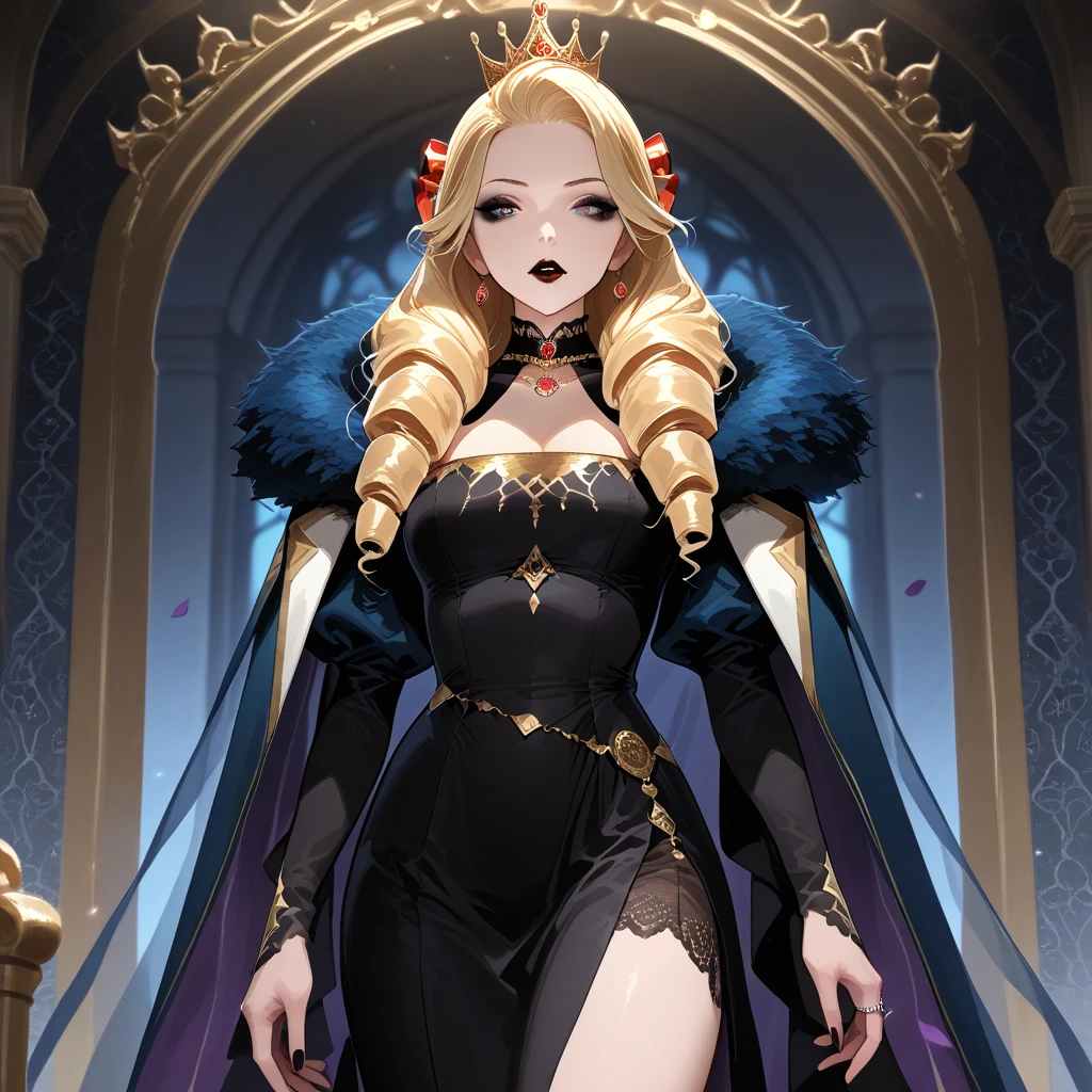 ((Highest quality)), ((masterpiece)), (detailed), (Perfect Face)、The woman is the evil queen Grimhild, Yuki Asuna, with bright brown hair in a semi-long style, wearing lipstick, thick eyeshadow, and heavy makeup.、The woman is dressed as an evil queen, wearing a black Victorian dress with luxurious gold embroidery and trim, a black cowl fitted over her face, luxurious earrings, adorned with lavish accessories, and a magnificent golden crown. She is a beautiful and evil queen, standing and reigning in front of a magnificent throne. She possesses majesty, elegance, and grace, with a stunning figure and a captivatingly alluring beauty, making her an absolutely stunning woman.、The woman is smiling gently