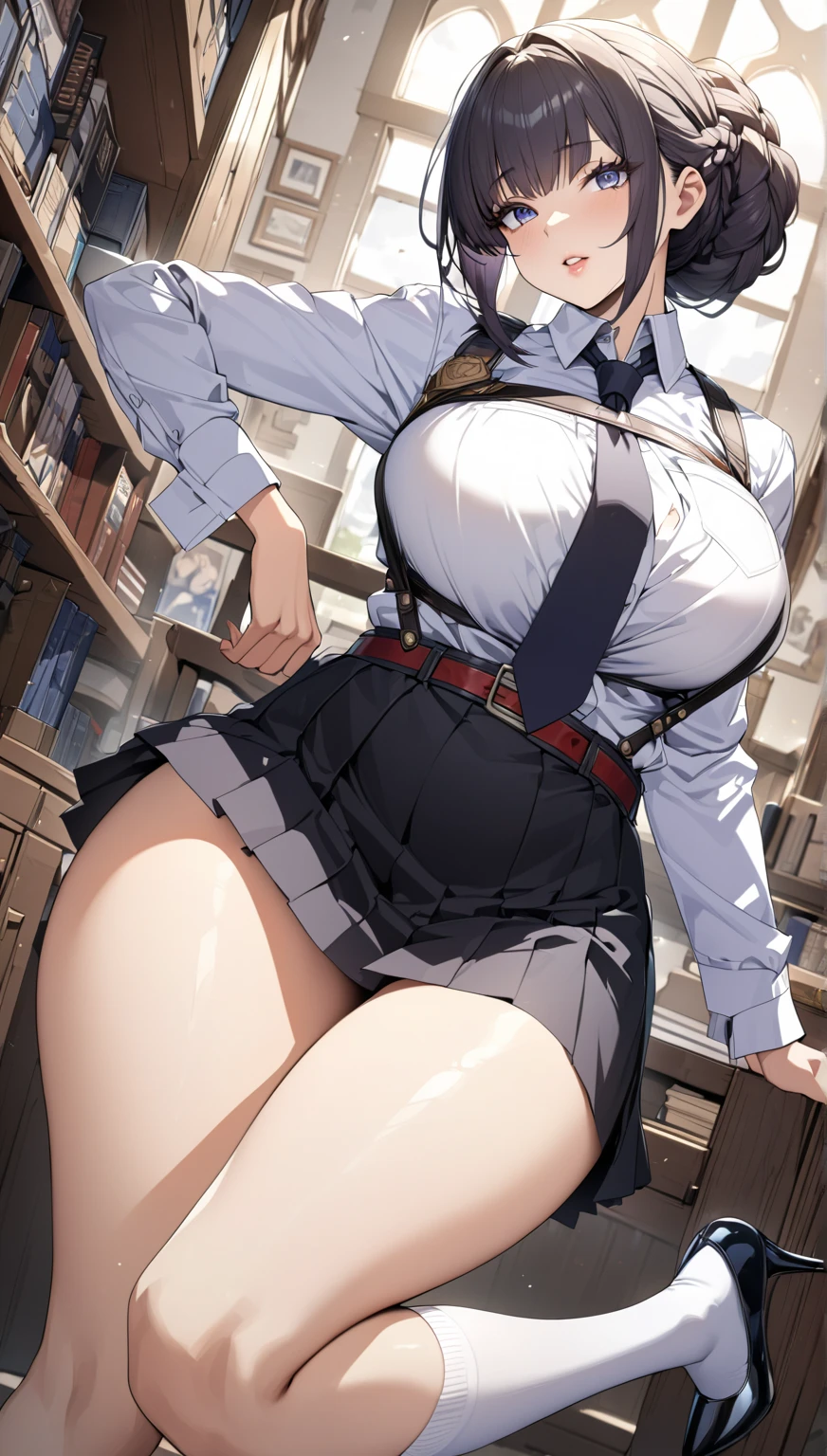 ((Make a big jump on one leg:1.2))、Beautiful body lines、1 beauty, (Light Purple Eyeshadow), (thick neck:1.4)、(broad shoulders:1.4)、(Smaller face)、(pointed breast:1.6)、Model body type、17 age、Sharp eyes、Watery Big Eyes、Face in love:1.2、((student clothes))、Shirt and knee-length skirt、Lace underwear、(facefocus:1.4)、evening、Extremely detailed, Detailed background, Cinematic lighting, Twisting the skirt:1.2