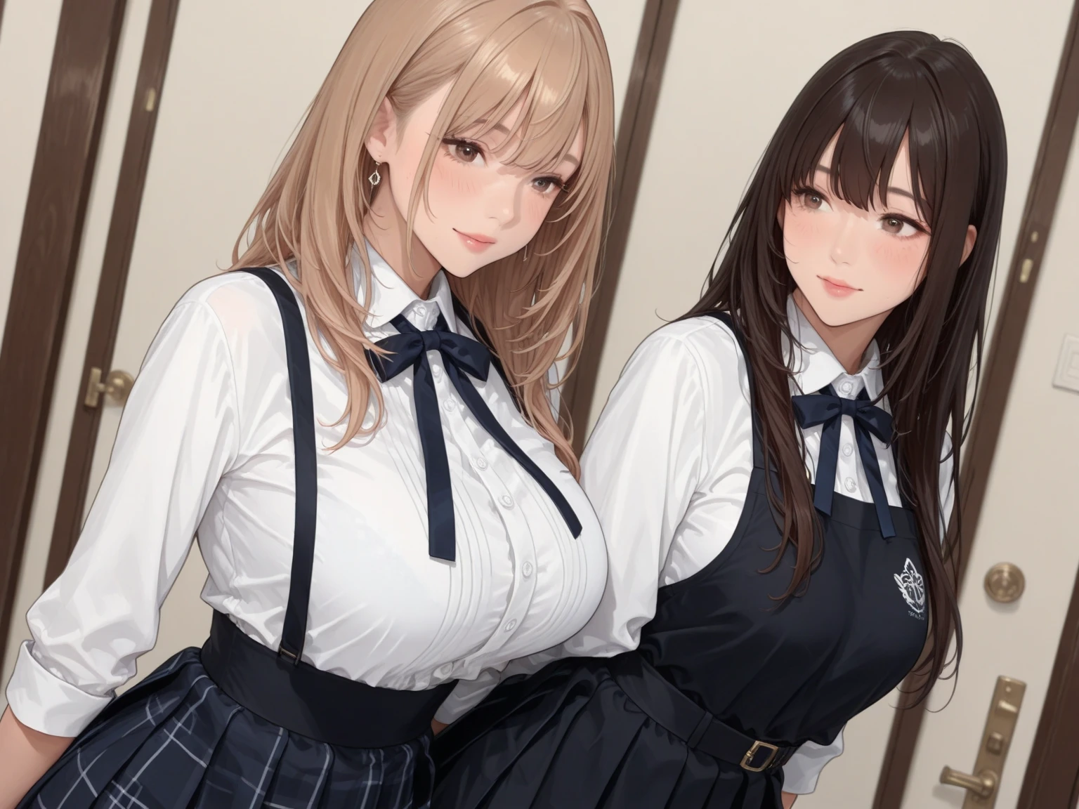 masterpiece, Highest quality, High Resolution, HS1,blush、smile,NSFW、Big Breasts、classroom、blouse、tie、Braid、Unfold the skirt