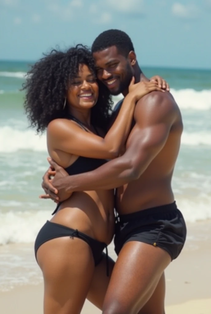 couple, handsome man, beautiful woman, perfect body, ebony skin, light African skin, curly hair, hugging, romantic mood, bikini, shirtless, beach background, blue sky, work of art, looking at each other