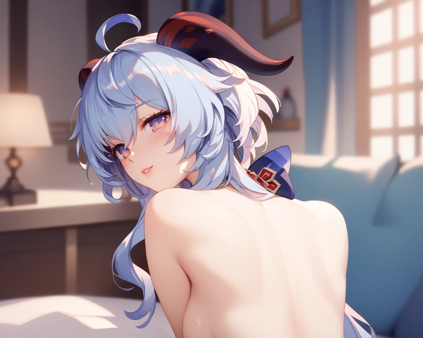 Close-up,highest quality, Ultra Detail, High-quality CG rendering, The most delicate and beautiful, Floating softly, High resolution, (1 girl), (Highest quality,4K,8K,masterpiece:1.2) ,Light purple hair,(Bunny ears:1.5),(1 hair bun:1.4),Red eyes,(Completely naked:1.5),room,Upper Body,Collapsed in bed,Defeated,,(Slightly larger breasts:1.5),Sleep,Are sleeping,(Turn your back to your audience:1.3),Ass,うさぎの丸いAss尾,(Prone:1.5)