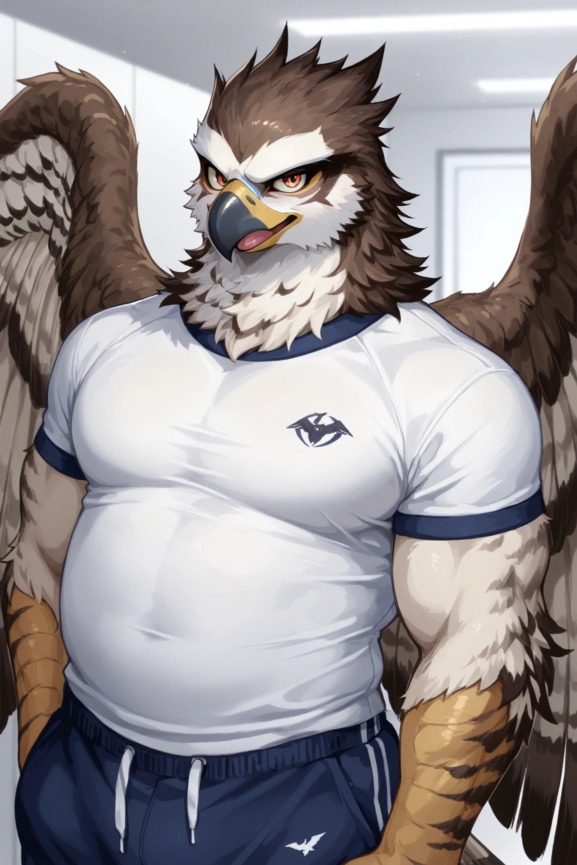 (((detailed eyes, detailed face))), (anthro, gandharva <lora:Gandharva:0.9>, avian), male, (solo), (plump:0.7), (white briefs <lora:bulge_brief_cum_findigo_v3:1>, topless), sitting, arms behind back, smile BREAK (konzaburou, ukan_muri, cute), bedroom, (soft shading), 8k, UHD, masterpiece