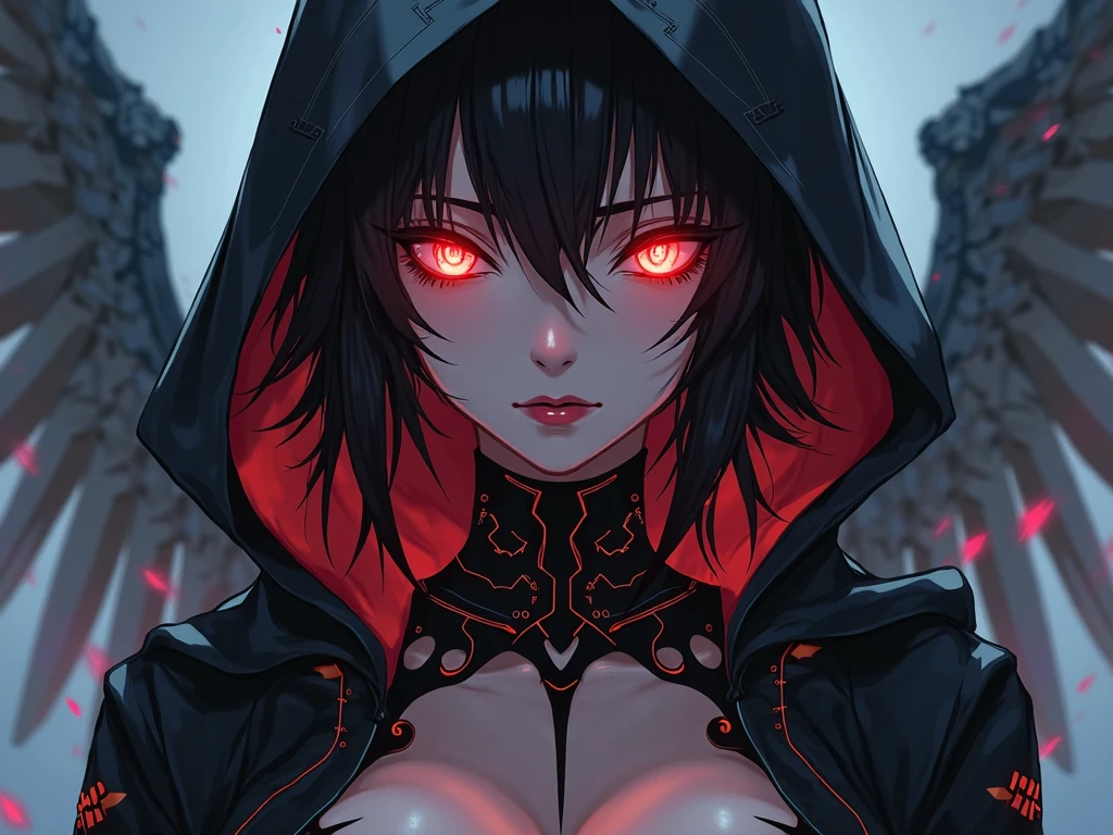 (masterpiece, UHD, ultra sharp), 1girl, solo, goth girl, black hair, short hair, black hood, black cloak, red anime eyes, detailed lips, blush, dark forest background, (medium breast:1.8), thick thighs