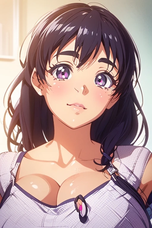saten_ruiko, 1girl,18yo,black long hair,hair ornament, flower ornament,perfect hands, perfect finger,perfect anatomy,masterpiece, best quality,realistic, hyperrealistic, 16k hdr,earrings,(no bra, white shirt,school uniform:1.2), outdoors,blue sky,strong wind,from below,(happy smile),dynamic pose,cleavage,(sweat:1.2),(leaning forward,kneeing:1.3)