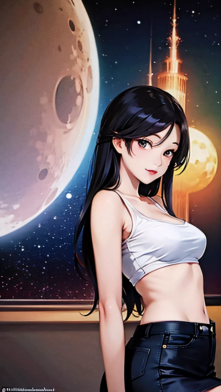 1 girl, beautiful face, ((white eyes)), sexy pose, red moon in the background, stars, space, (lightroom: 1.13), soft light, (natural skin texture: 1.2), (hyperrealism: 1.2), sharp focus, focus