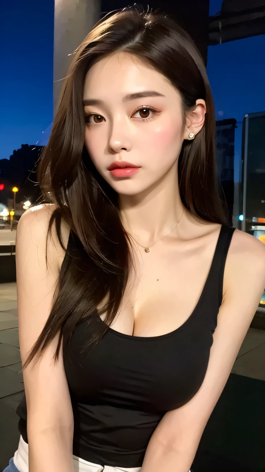 ((top-quality、8k、masterpiece:1.3))、foco nítido:1.2、Perfect Body Beauty:1.4、((dark brown hair、Beautiful breasts:1.2))、(natural soft light、street corner:1.1)、Highly detailed facial and skin texture、A detailed eye、二重まぶた、The upper part of the body、Chest opens wide(((dynamic ungle)))