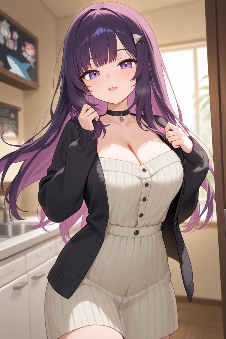 1 girl, alone, long hair, Large Breasts, Cleavage, Brown eyes, ponytail, purple hair, Black skirt, , , Mature female, widow, :d, (masterpiece: 1.0), (the best_quality: 1.0),