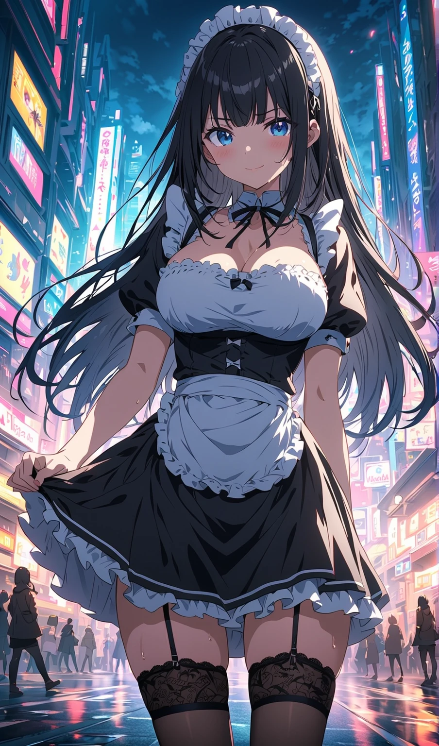 (throw_hand, pink vibrator remote switch in throw_hand, throw:1.2), Highest quality, Super detailed, masterpiece, Ultra-high resolution, 8K, Ridiculous, Cowboy Shooting, Blurred, One girl, Embarrassing, blush, Lovely, , With tears in her eyes and her mouth open, What saliva leaves behind, Wet skirt hem, Not wearing pants, Bulging of the vibrator cord, Vibrator with Garters, ,Squirting、,Black Hair、Maid clothes,Peeing、night、In the city with no one