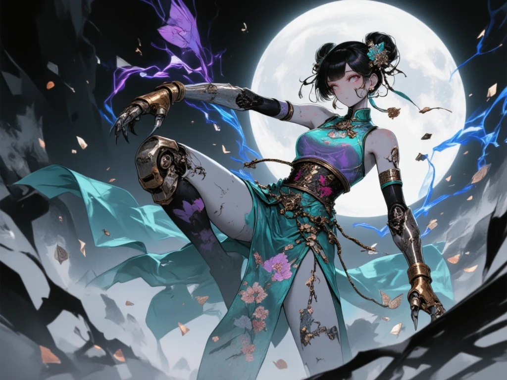 Character with kimetsu no yaiba traits, medium black hair with purple ends, haori with wisteria designs, a black and lilac katana. His face is angelic, crystal blue eyes, a scar on the left corner of your mouth. She is standing fighting with all her strength against an omni. extremely detailed painting 