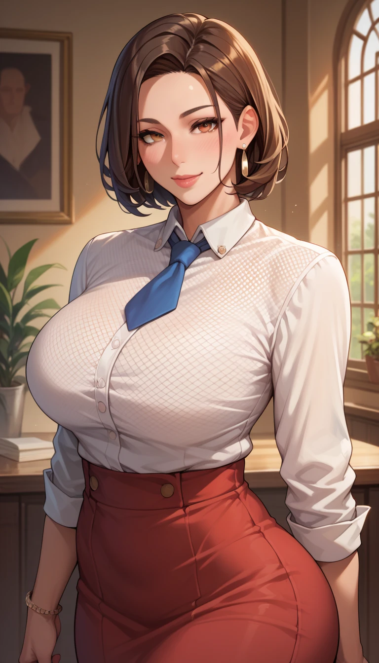 One girl. Sitting in a cubicle at work, typing angrily on a desktop computer, (cute expression), (angry expression), (blushing), tight oencil skirt, work clothes, button gap, large , large middle, office backgrounds ,fat, chubby, plump, short red hair, freckles, brown eyes. Wide face, roman nose, very detailed , portrait lighting, grabbing another  one handed pink and lavender office clothes, light colored skirt, very large and expressive eyes. her  are very large and saggy,  pose,  on table