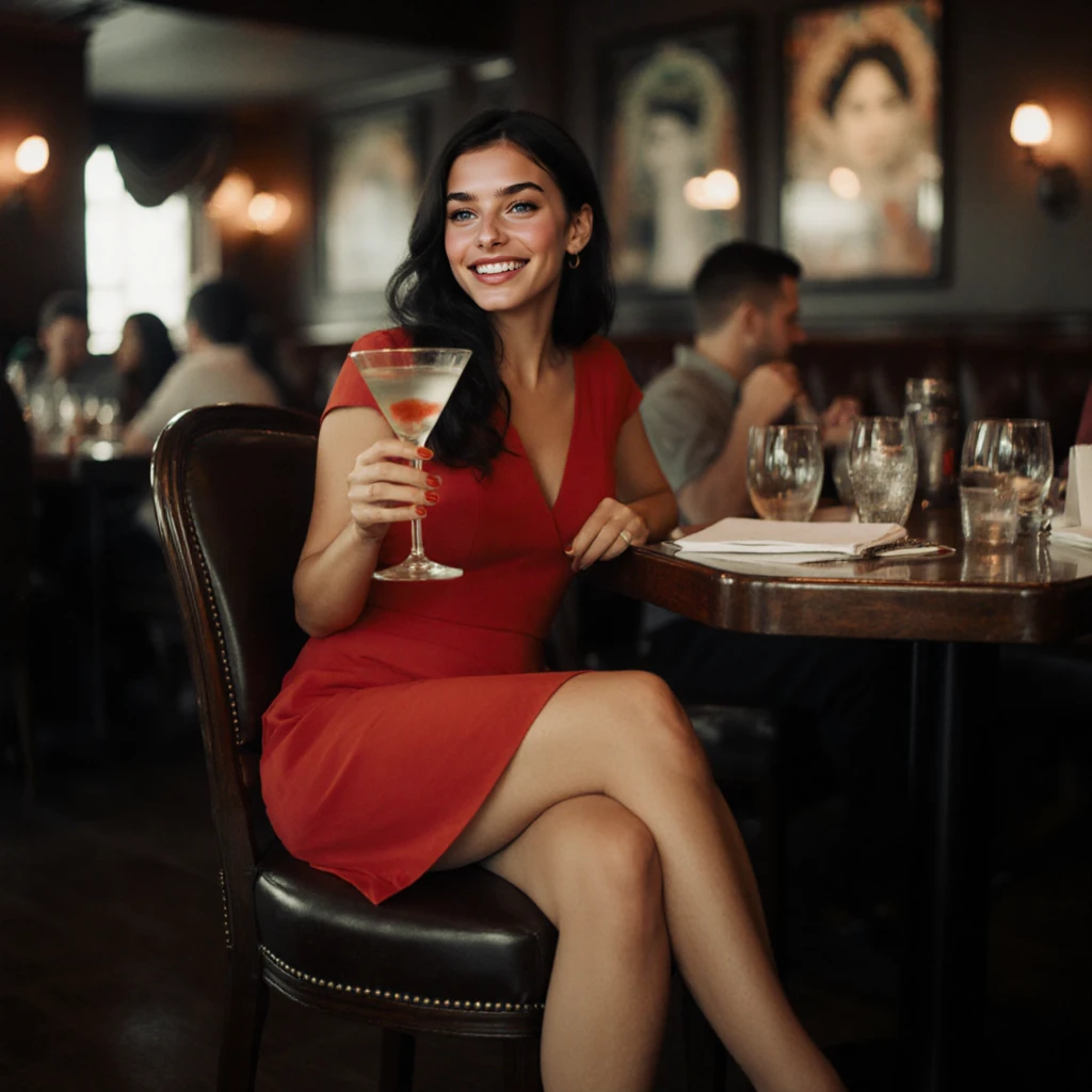 A captivating photograph of an elegant and stylish woman sitting on a comfortable cafe seat. She wears a casual dress with a short, wide skirt that accentuates her slender posture., Sweet smile, Wet legs and thighs. Her legs are crossed, revealing a glimpse of her ankle, and a small part of his groin. The background shows the cozy and dim atmosphere of the cafe, with warm lighting and a rustic wooden table. The overall impression is that of a relaxed and intimate atmosphere..
