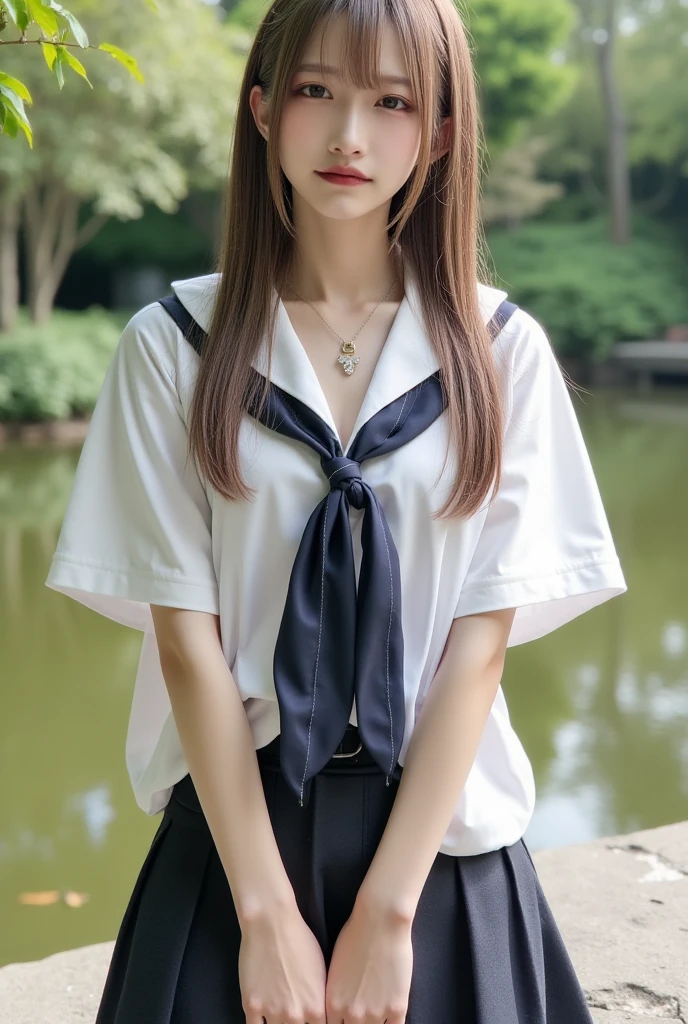 Neat and clean 、(student clothes、a sailor suit、Ribbon knot at chest、summer clothing、The upper body is white、The skirt is dark blue)、Outside the field、(Slimed)、Photorealsitic、detaileds, Skin Texture, ultra-detailliert、Delicate and sexy collarbone、A smile、Super Detailed Face、Detailed lips、A detailed eye、tiny chest、Smaller chest、small mall、flat breast、Chest emphasis、Bright face、((is standing、 Uniform、White panties are visible from the skirt、Sheer white shirt、Navy blue ribbon at the collar、Dark blue pleated micro mini、slightly lift the hem of the skirt with both hands,,))、Shorthair with bangs、Straight Bob Hair