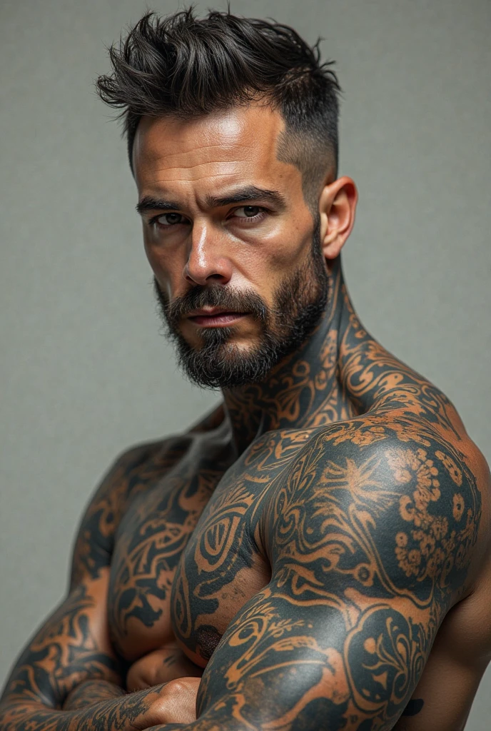 MMA fighter with a closed beard, aquiline nose, slim with tattoos
