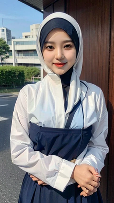 masterpiece, best quality, 8k, 85mm portrait, absurdres, beautiful girl, (upper body:1.4), cute, street,white shirt, (school uniform, white shirt, long sleeve,blue grey skirt, plain skirt, grey tie:1.2),(head covered hijab, islamic hijab, white hijab:1.1,silk clothes) shoulder covered,(Indonesia, jakarta:0.7), natural makeup, perspective, depth of field, ultra realistic, highres, photography, sharp focus,,HDR, facelight, dynamic lighting, highest detailed, extreme detailed, ultra detailed, finely detail, real skin, delicate facial features,v sign,finger v,classroom,