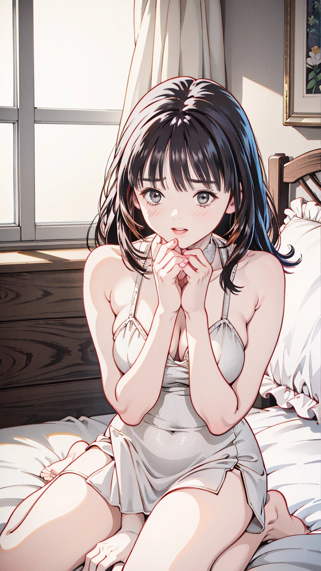 woman、One person、On the bed、Black knit、Large Breasts、Looking up、Brown eyes、Black Hair、smile、front、Upper body close-up