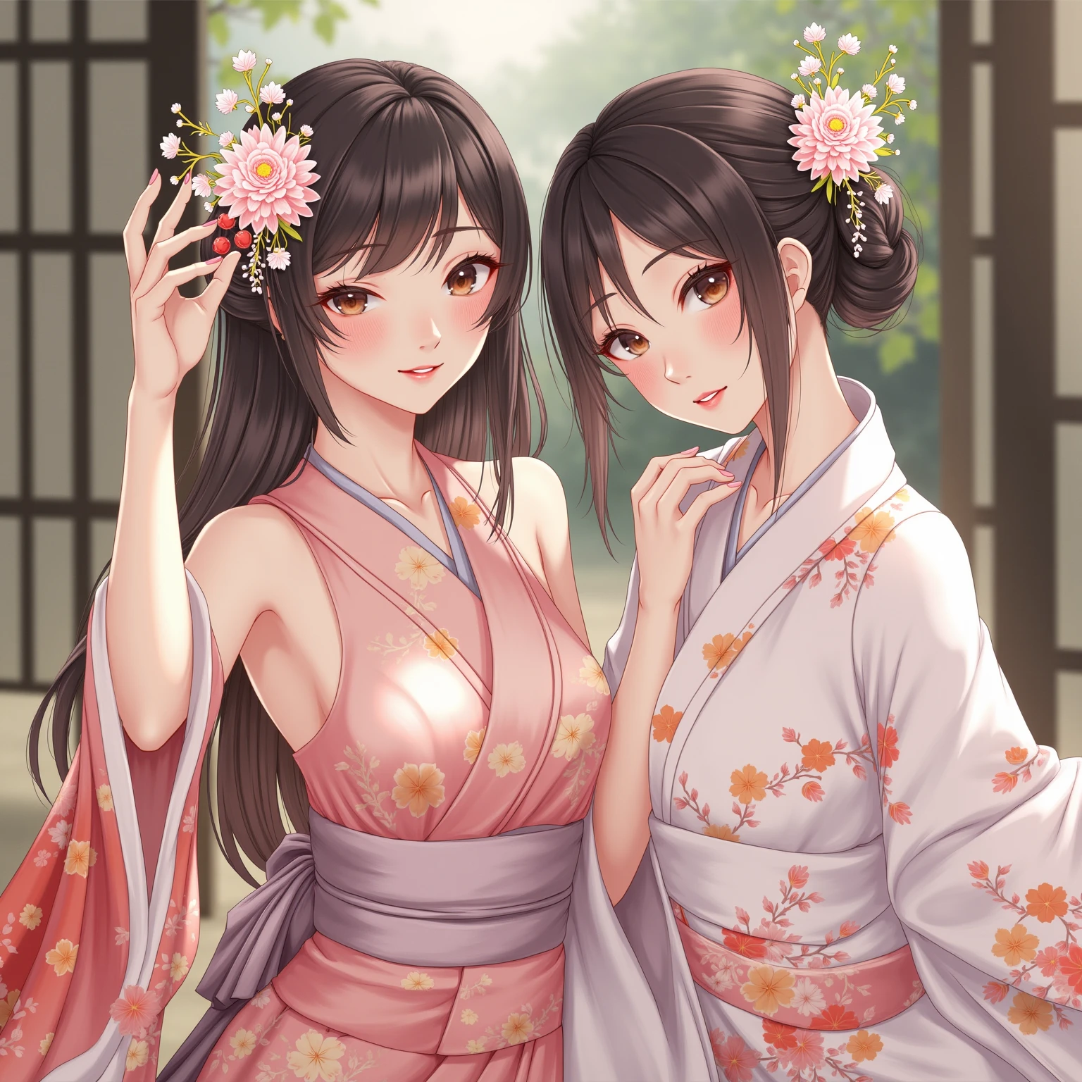 japanes a beauty girl Beautiful breasts kawaii bangss Eyes sparkle a navel a miniskirt long-sleeve frilld haori full bodyesbian thighs thighs thighs thighs the feet A slight smil high-level image quality Long natta A dark-haired Touching the chest hug 𝓡𝓸𝓶𝓪𝓷𝓽𝓲𝓬 daytime with light glowing a plant florals garden blue clothing The warm Fantasia English garden 2 girls standing
