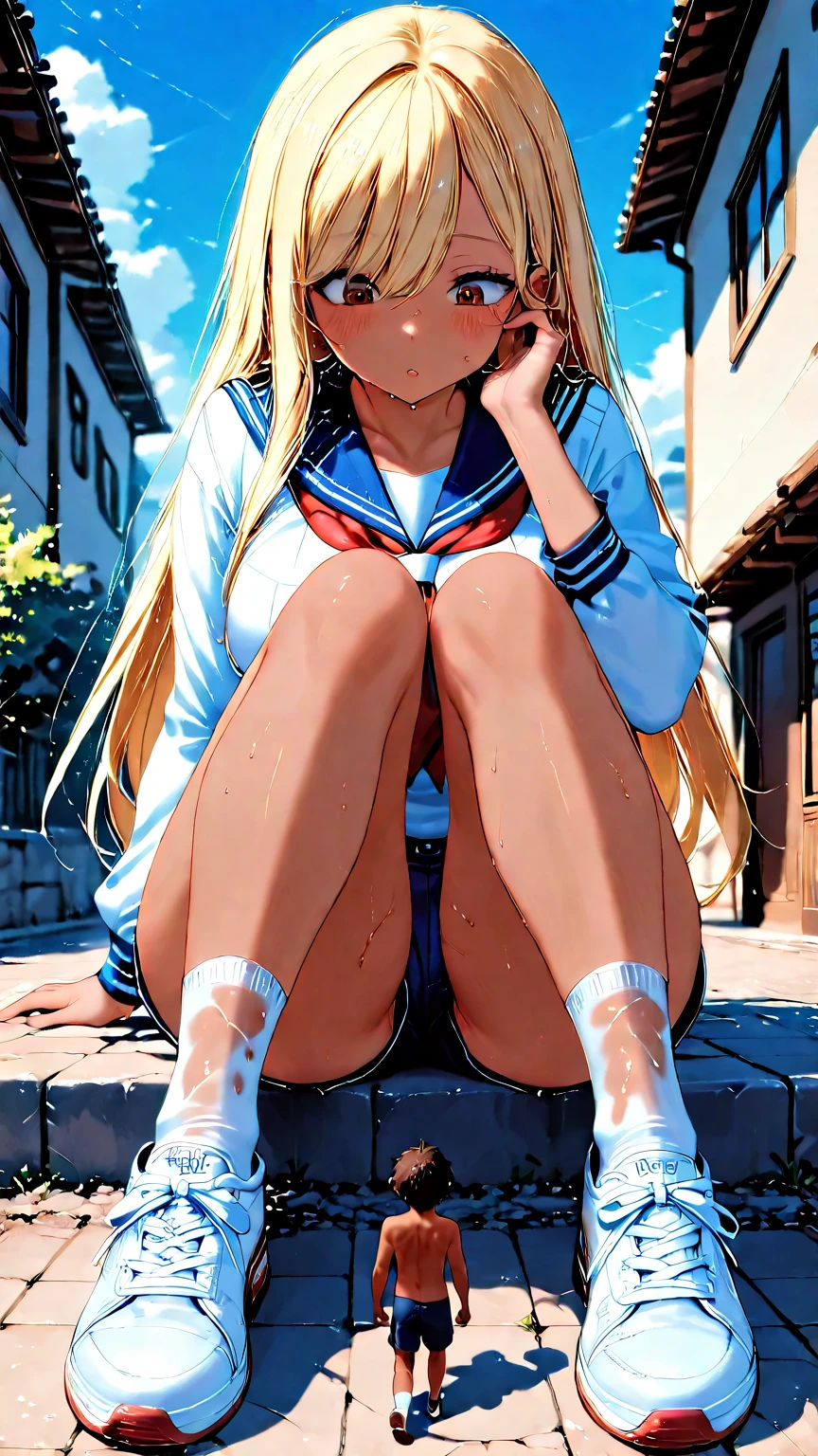 score_9, score_8_up, score_7_up,source_anime, masterpiece,(best quality, ultra-detailed:1.6),(ultra high res:1.4),super fine ( watercolor),(sharp focus),(insanely detailed:1.3),(detailed face:1.1),(perfect anatomy),delicate (illustration),(cute face:1.1),cute body,1girl,solo,looking at viewer,
blonde hair , thick bluish eyeshadow, thin eyebrows, thick black eyeliner, Highlighted eyes with eyeliner, false eyelashes,(tanned skin:1.2),blue eyes,
blush,smile,
(yellow), leopard pattern panties,
school uniform,sailor suit,traditional Japanese style with navy blue and white colors,detailed ribbon and pleated skirt,loafer,dark brown leather,paired with knee-high socks,
blush,smile,sitting,panties,pov,(hands on knees),from below,outdoors,Park,Flowerbed,(My panties are digging in),