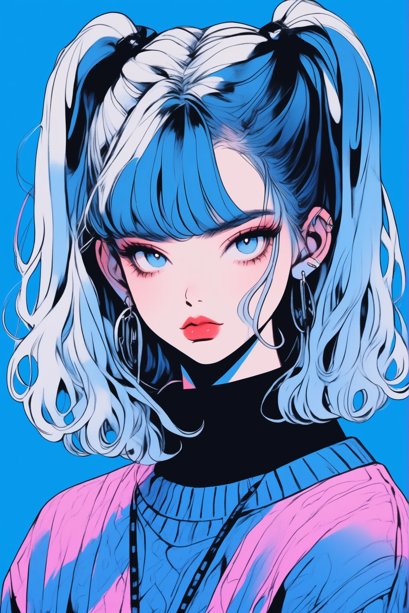 (best quality, sketch:1.2),realistic,illustrator,anime,1 girl, detailed lips, sweater, custom, blue gradient background, neon hair, pigtails, blunt bangs, textured cropping, masterpiece, style retro classic, noir dark
