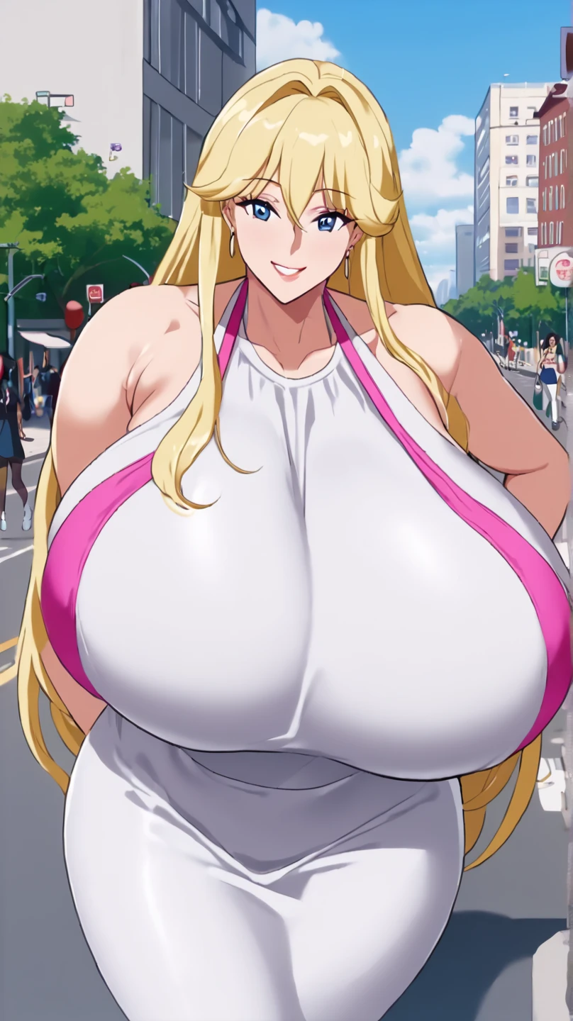 venusbody,1girl,solo,hourglass body, (thin waist:1.3),(huge breasts:1.1),wide hips,MILF, mommy, bare shoulders, pencil dress, (cleavage:1.3), looking at viewer, cityscape, (crowd), surrounded by people, nsfw, detailed face, detailed background, huge nipples bulging in clothes
