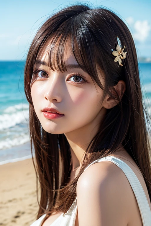 A beautiful young woman is posing on a beach with waves in the background. She has long, straight brown hair with bangs that frame her face. Her skin is fair and smooth, with a light natural makeup look. She is wearing a white bikini with a floral pattern in pink and blue. The top is a halter style that accentuates her figure, and the bottom is a matching set. Water droplets are visible on her hair and body, suggesting she has just come out of the water. She is holding her hair back with one hand and looking directly at the camera with a gentle, inviting expression. The lighting is bright and natural, highlighting her features and the vibrant colors of the beach scene. The ocean is a clear blue-green, and the sky is a bright blue with a few scattered clouds.