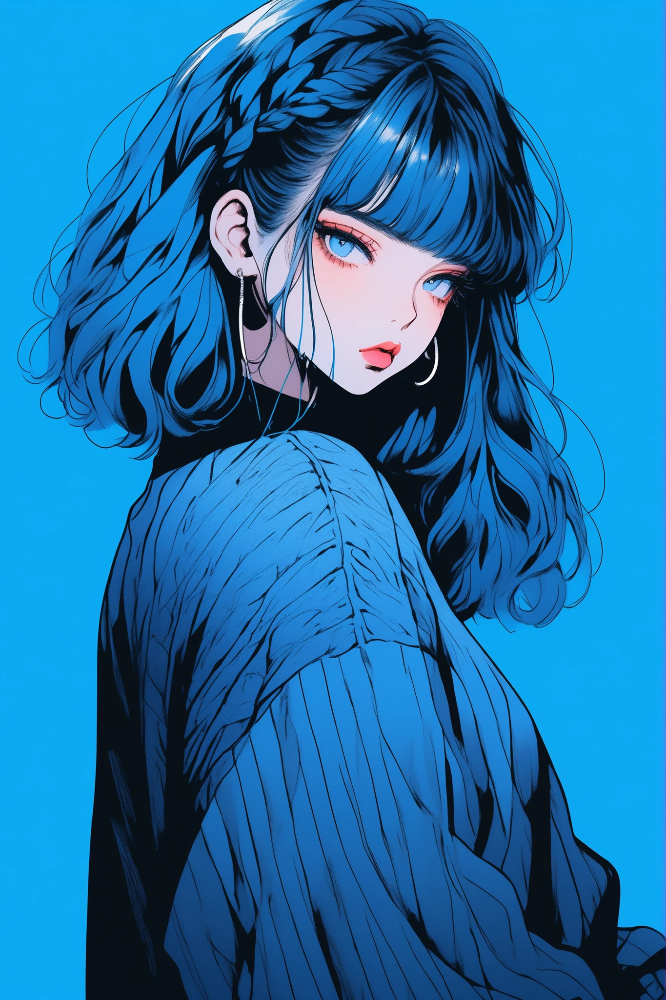 (best quality, sketch:1.2),realistic,illustrator,anime,1 girl, detailed lips, sweater, custom, blue gradient background, neon hair, pigtails, blunt bangs, textured cropping, masterpiece, style retro classic, noir dark