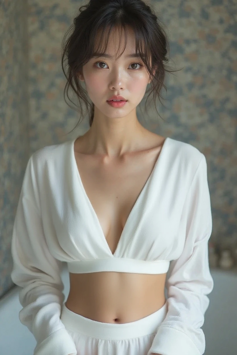 Tights:1.2, Looking at the audience, Movie Lighting, perfect, Soft Light, High resolution skin:1.2, Realistic skin texture, 40-year-old Malay Muslim female、Small face、No makeup、 Off-shoulder,Bust B cup、 Cleavage exposed, Small Breasts、Chocolate eyes, 、White headscarf