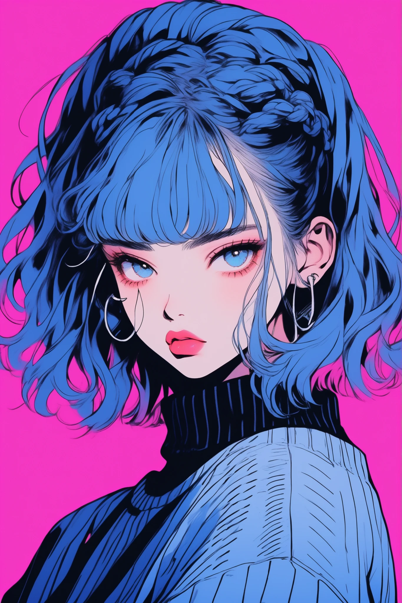(best quality, sketch:1.2),realistic,illustrator,anime,1 girl, detailed lips, sweater, custom, blue gradient background, neon hair, pigtails, blunt bangs, textured cropping, masterpiece, style retro classic, noir dark