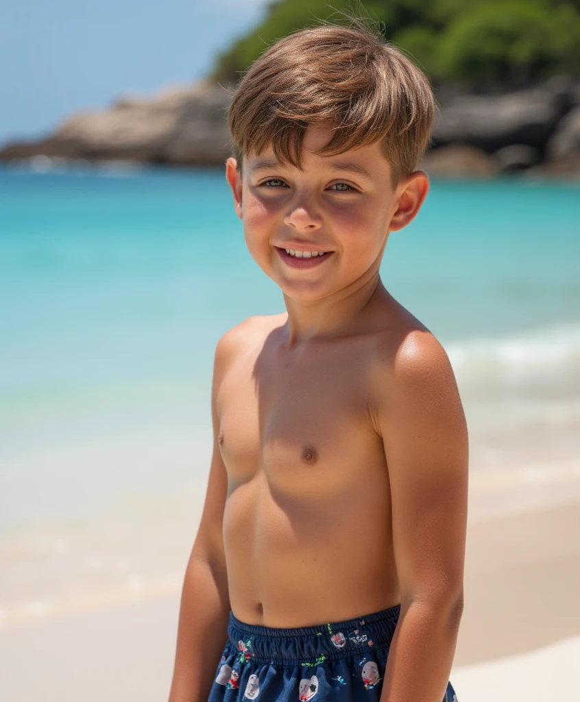 14-year-old boy on the beach in swimming trunks and erect, realistic photo, real image, detailed