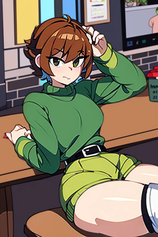android, beautiful robot makes hard masturbation, she gets orgasms. Her short pigtails, brown hair, Hair tie with two big red clothespins, big smile, brown hair, middle age, joint seam, Blue eyes, full body figure, Height: 160cm, She wears only Light beige micro mini pantie, show pantie. Uplifting, 2020s anime style, 21thcentury japan animation, Lean back with your whole body in a bridge position