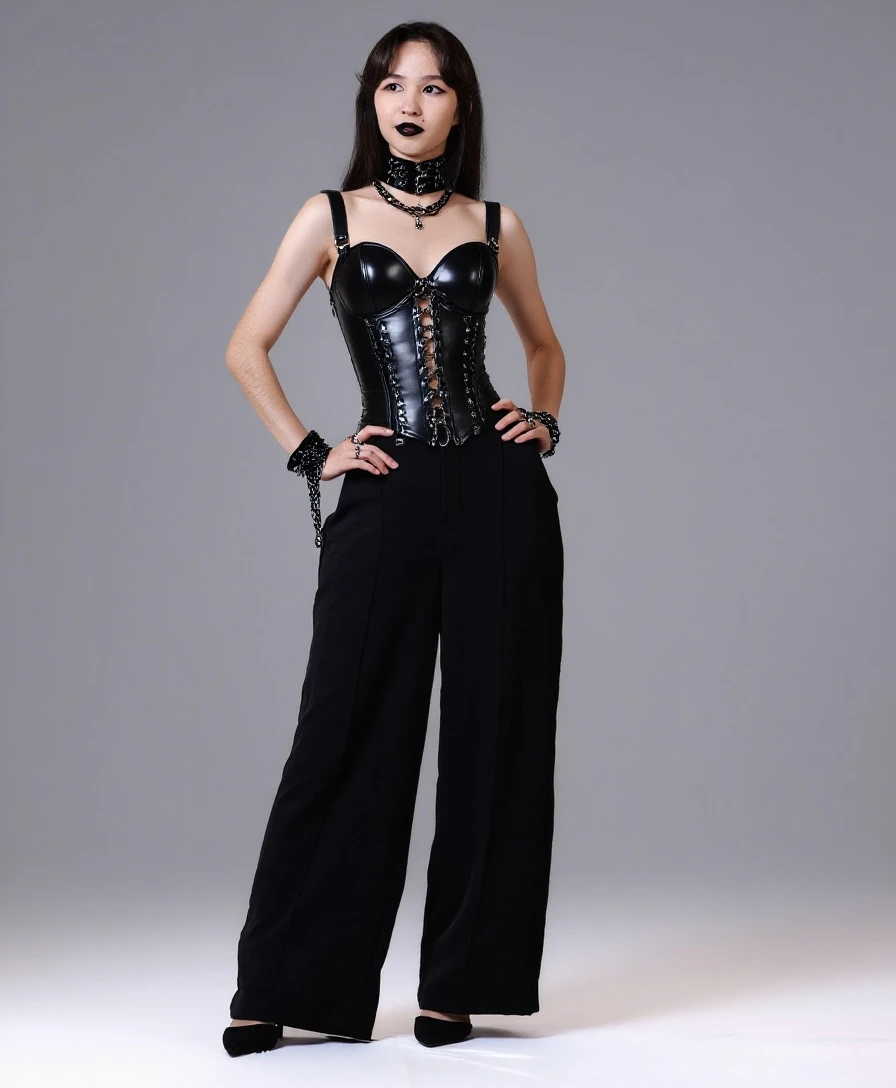 Beautiful woman, standing while pissing wide legged trousers, wearing a corset,with face mask, breathing heavily 