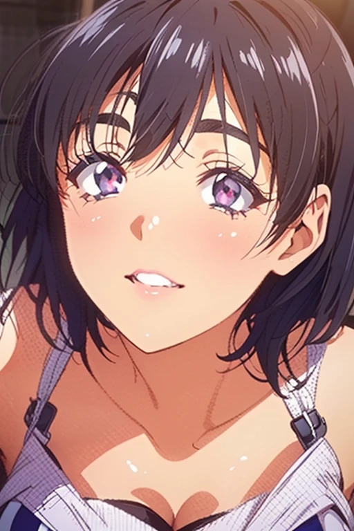 1boy and 1girl, Angle from the front、(close up 
breasts),  Angle from below, on the beach, The girl bends forward to show off her breasts、Tanned dark skin, ((Narrowing his eyes and a devilish grin)), (10 years old girl), bionde、Use a hair clip to hold your bangs in place、(Forehead)、(Small breasts),  micro bikini、In the corner of the kitchen、((paizuri)), 1penis, ((eject cum)), (cum to breasts)、(Amazon Position), 
