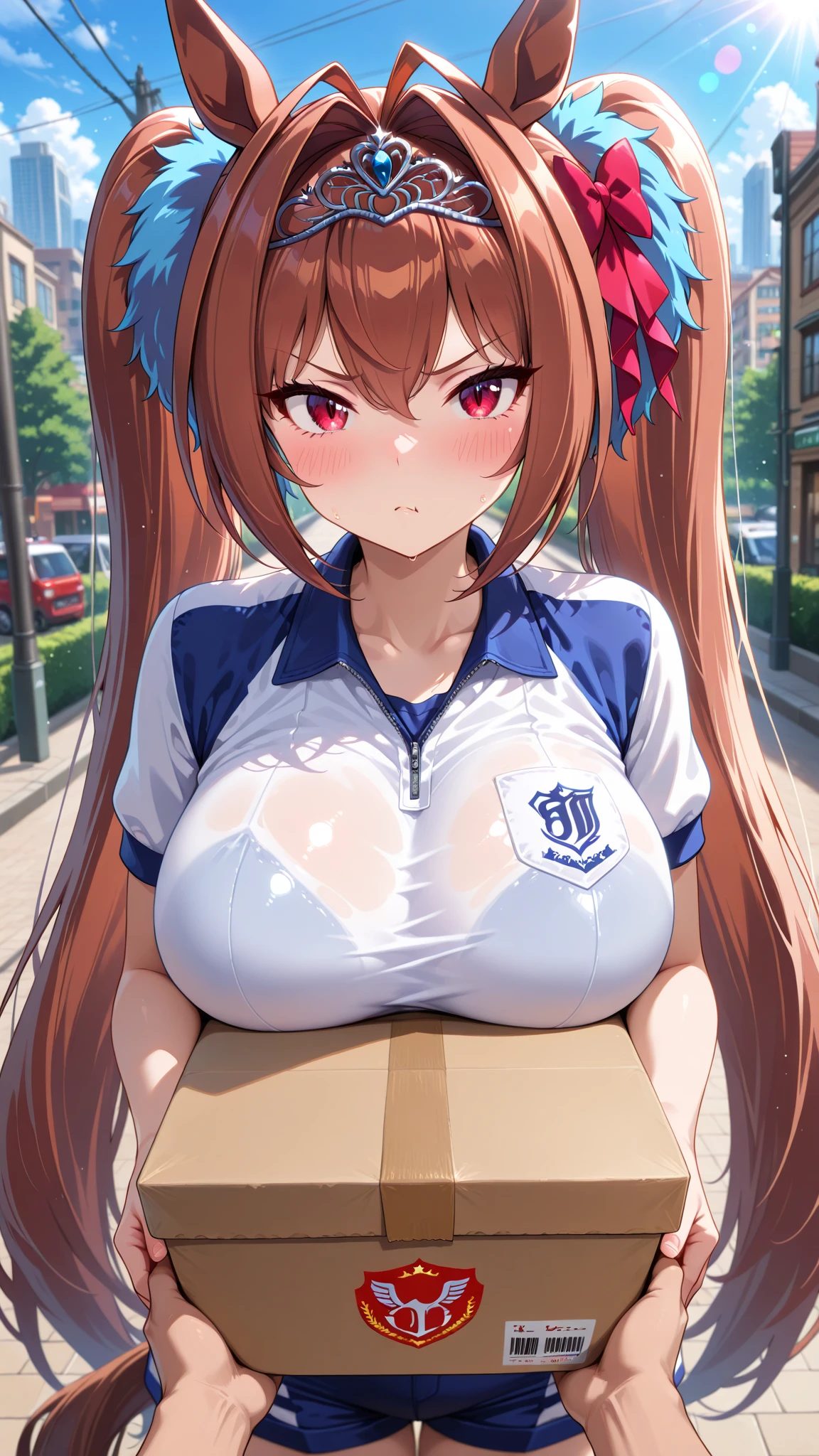 ((NSFW:1.2)),(masterpiece:1.2, highest quality), (Realistic, photoRealistic:1.4), Beautiful illustrations, (Natural Side Lighting, Cinema Lighting), (nipples:1.2),((white bra:1.2)),(((bra lift:1.4))),Looking at the audience, Face Focus, 1 female,Perfect Face, Perfect body, Symmetrical cute face, Shiny skin, Baby Face, Big Breasts:1.4,  Tanzanite Eyes, Captivating thighs, thin, (Bring your breasts together with your arms:1.2),((Leaning forward)),(Place your breasts on your arms folded in front of your chest),Beautiful Hair, Beautiful Face, thin and beautiful eyes, Beautiful clavicle, Beautiful body, ((Pointy and beautiful)),Beautiful thighs, Beautiful legs, Beautiful fingers, Are standing,(masterpiece:1.2, highest quality), (Realistic, photoRealistic:1.4), Beautiful illustrations, (Inside the warehouse:1.4),((Waitress in an apron, Orange Pleated Skirt,White headband,belt, Chest apron:1.5)),(T-shirt lift:1.2),Undressing,(Are standing), (Blushing and glaring at the viewer:1.3)