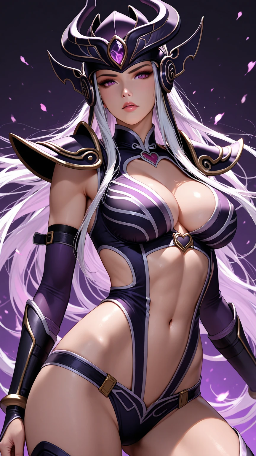 arafed woman in a black and purple outfit holding a knife, thicc, mighty plump female sorceress, goddess. extremely high detail, galactic sized goddess, extremely detailed goddess shot, wlop and rossdraws, cinematic goddess body shot, rossdraws 1. 0, wlop rossdraws, commission for high res, rossdraws 2. 5, white skin, no bra, white hair, cleavage, wide hip. thick thigh