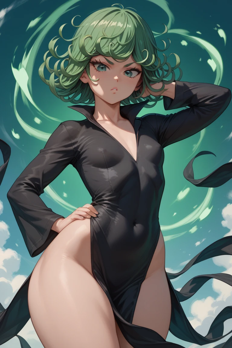 Tatsumaki ,1girl , anime , masterpiece , green color hair, jaqueta aberta open clothes ,flat chest , sexy bunnygirl, bunnysuit , long socks, angry , blush , sexy . Background moon .
