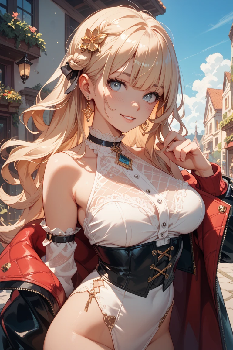 ((masterpiece, high resolution, 8K image quality, superior quality)),1 woman, ((More detailed face)), Delicate Eyes, ((eyes are green)), ((hairstyle: long wavy hair, strong wavy hair, red)), Streets of Venice, Rose bed, Lensflare, dramatic makeup, natural complexion, close up, Huge ceiling, shy face, flushed cheeks, white blouse, gold button down, Brown leather corset