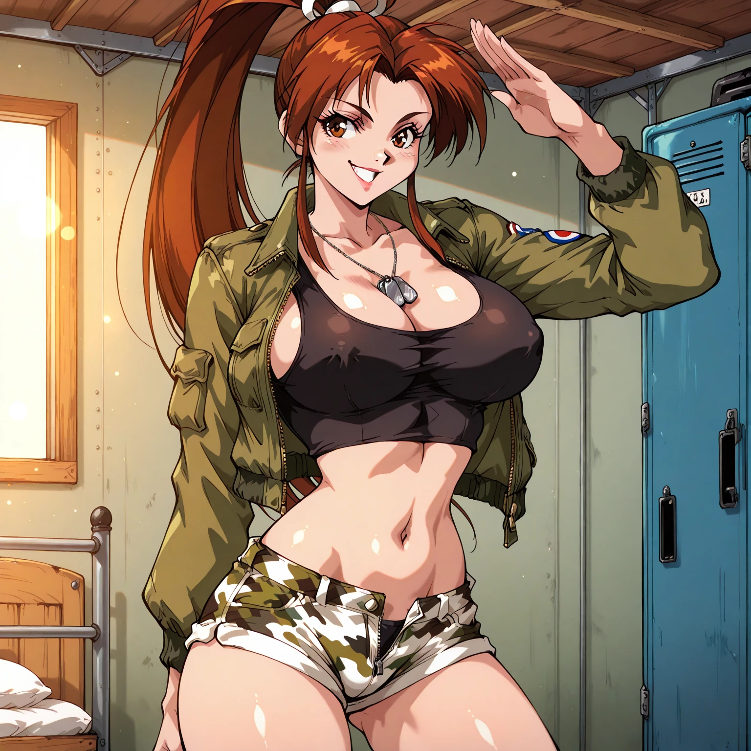score_8_up,score_7_up,score_6_up,score_5_up,score_4_up,source anime, anime screencap, Bellows, 1girl, solo, breasts, smile, open mouth, gloves, navel, jewelry, underwear, panties, shorts, belt, green shorts sitting, nipple, sweat, sweaty, sitting, spread legs, leaning back, closed eyes, open mouth, metal floor, sunlight, close-up of chest, head back, topless, sweaty breasts, large breasts,crop top, tank top, shirt lift, 