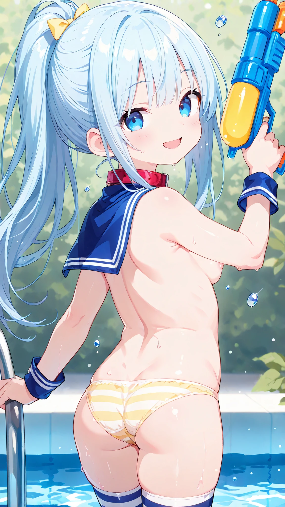 One Naked Girl、Crouching on the main street、Only one person is naked、Wide-open legs、Knees up and legs apart、Spreading her legs、Light blue hair、blue eyes、A little big chest、Nipples、Have dead eyes、Blushing、Feeling embarrassed、Looking down、Are crying、Wearing a sailor uniform、Wearing green panties、Low rise panties、Daytime view、Arms folded behind back
