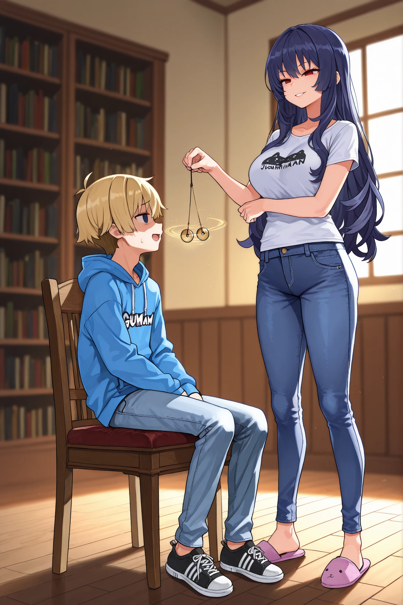 masterpiece, best quality, ultra detailed, 1 young man, teen boy, sitting pose, casual wear, blue hoodie, relaxed jeans, sneakers, hypnotized expression, half-closed eyes, empty eyes, relaxed shoulders, sitting on wooden chair, the young man in in a trance, 1 mature woman, standing dominant pose, white fitted t-shirt, tight blue jeans, house slippers, long flowing hair, confident expression, ((Female Hypnotist)), ((girl hypnotizing the young man with a pendulum)), ((holding pendulum)), living room setting, modern furniture, cozy sofa background, bookshelf, warm ambient lighting, afternoon sunlight through windows, detailed interior, 1 guy and 1 girl, 2 people, assertive female, submissive male, Dominatrix, profile view, (asanagi style:0.6)