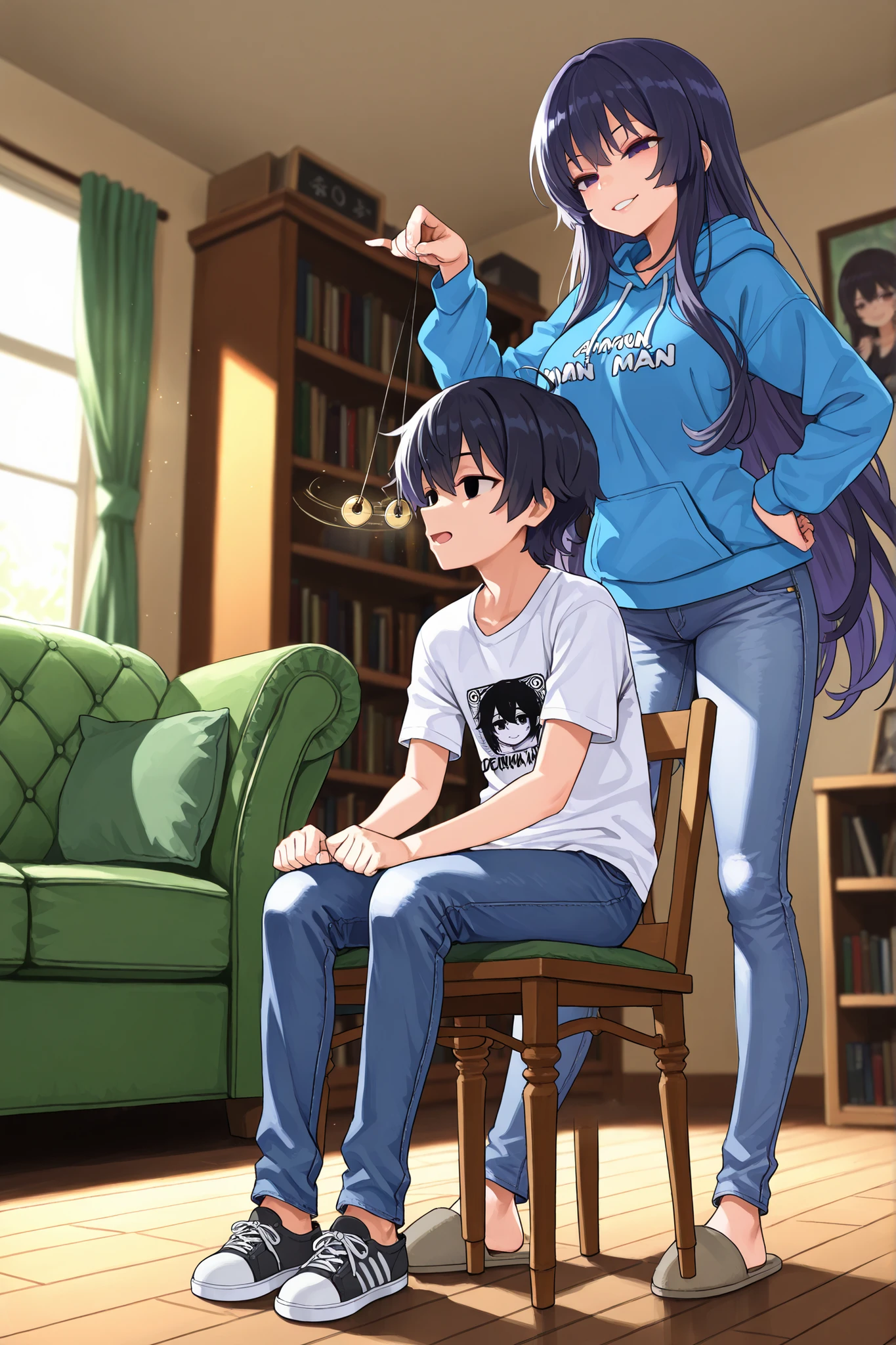 masterpiece, best quality, ultra detailed, 1 young man, teen boy, sitting pose, casual wear, blue hoodie, relaxed jeans, sneakers, hypnotized expression, half-closed eyes, empty eyes, relaxed shoulders, sitting on wooden chair, the young man in in a trance, 1 mature woman, standing dominant pose, white fitted t-shirt, tight blue jeans, house slippers, long flowing hair, confident expression, ((Female Hypnotist)), ((girl hypnotizing the young man with a pendulum)), ((holding pendulum)), living room setting, modern furniture, cozy sofa background, bookshelf, warm ambient lighting, afternoon sunlight through windows, detailed interior, 1 guy and 1 girl, 2 people, assertive female, submissive male, Dominatrix, profile view, (asanagi style:0.6)