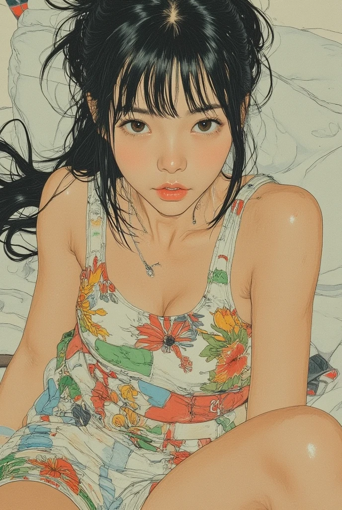Beautuful Women、18year old 、body shot、Pastel Camisole, topless, no clothes, nude, full body, pink pussy, lying, ghibli style, kiki \(majo no takkyuubin\), 1girl, :o, bangs, black eyes, black hair, blush, bow, bow hairband, collarbone, day, fingernails, food, fruit, hair bow, hairband, holding, holding food, holding fruit, looking at viewer, open mouth, outdoors, red bow, red hairband, short hair, solo, strawberry, sunlight, upper body, water drop , ((masterpiece)), no clothes, nude, full naked, small breast, petite, small chest, small boobs