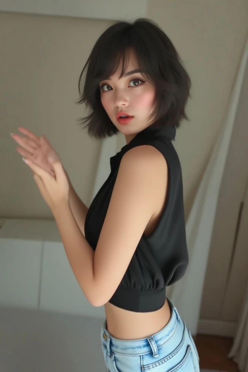 ((highest quality、8k、masterpiece:1.3))、concentrated:1.2、Perfect body beauty:1.4、street、Highly detailed face and skin texture、White skin、short hair,whole body, Seductive poses、Fishnet tights、On all fours、Show your ass、Sexy shot from behind、Very large breasts、Big White Ass、Wearing white sheer underwear, The areola is visible、Show your genitals、(Very beautiful short black hair), Very cute face like the most popular Japanese idol, ((Very beautiful big black eyes)), Very beautiful lips, Very beautiful skin),kitchen