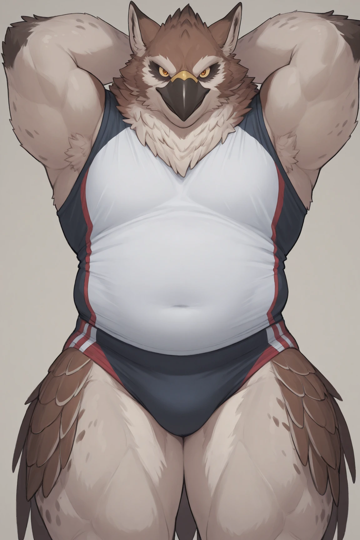 Furry, Anthro, Owl, Male, E621, Standing, Muscular, Hands behind back, Wearing underwear, Plain background, Front view, White skin, by buta99