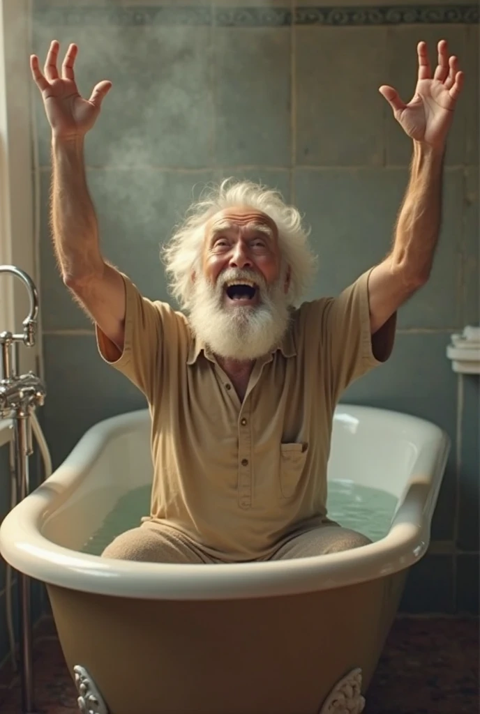 Archimedes sitting in a large bath, excitedly shouting 'Eureka!' as he discovers his principle of buoyancy. Water overflows from the tub, and in the background, diagrams of physics and engineering concepts are visible."