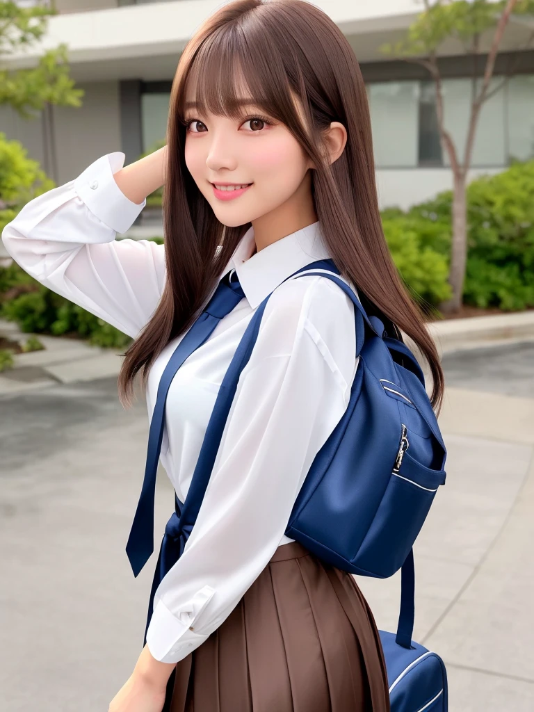 masterpiece、8K、32K、top-quality、(A cute Japanese woman:1.1)、detail portrayal、1 girl in、elegent、(a junior high school student)、(School uniform:1.3)、(blows wind)、School Bag、School Grounds、cowboy shot、ssmile、looking back