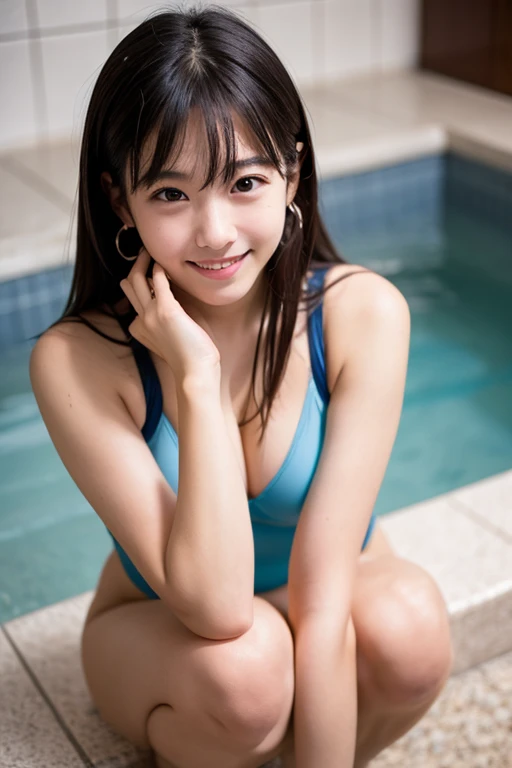 raw photo , 8K, ultra detailed, (realistic:1.2), (1girl:1.3), 20yo, japanese, (round face),(smile:1.4), (blue bikini:1.3), (looking at viewer:1.3), upper body, reinopool,