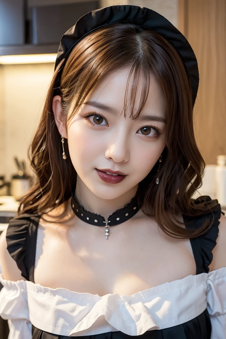 masutepiece, Best Quality, Illustration, Ultra-detailed, finely detail, hight resolution, 8K Wallpaper, Perfect dynamic composition, Beautiful detailed eyes, gothic lolita, off shoulder, beige wavy hair, huge-breasted, huge-breasted, Huge breasts, huge-breasted, huge-breasted, Gothic fashion, Gothic makeup, Bold sexy poses,Smile, Landmine fashion、20 years girl、Cute、Sexy shot looking at camera