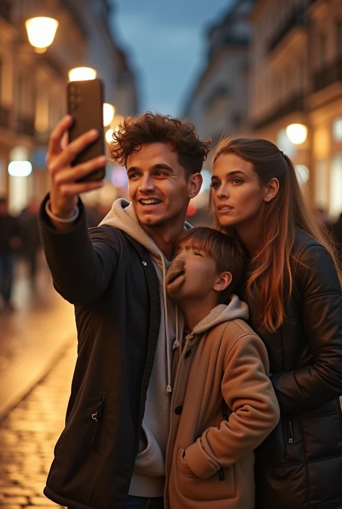 Blonde child , blue eyes very long hair hugging her father, brown hair and eyes and her mother blonde green eyes long hair taking a selfie on the streets of London 8k ultra realistic 