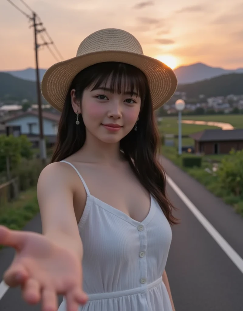 8K、RAW Photos、Highest quality、Super detailed、Super Resolution、Ultra HD、8K壁紙、Amazing details A town of rice fields in the countryside、Active bus stop、A 16-year-old high school girl waiting for a bus at a bus stop、Shining Sun、Blue sky、
((Emphasize cleavage))

