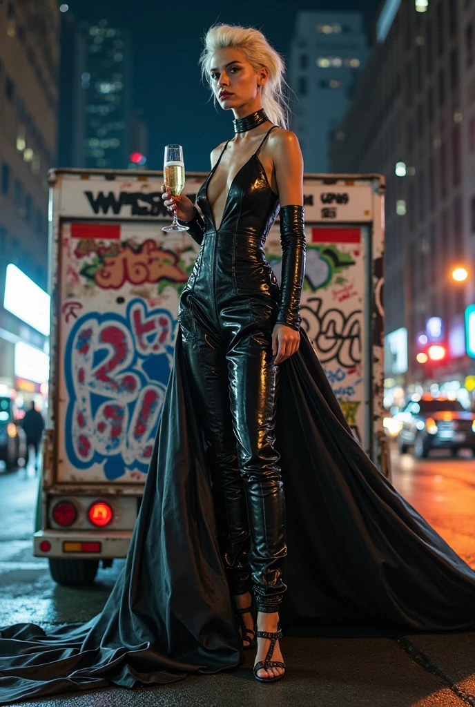 uma mulher africana com uma coroa, Cyberpunk, luzes laranjas, cor laranja ,cinemactic, Obra-prima visual impressionante, double exposure, 8k, fotorrealista, contornos fortes, cinematographic scene, Cyberpunk, long black dress preto , luz laranja, walking, full body,