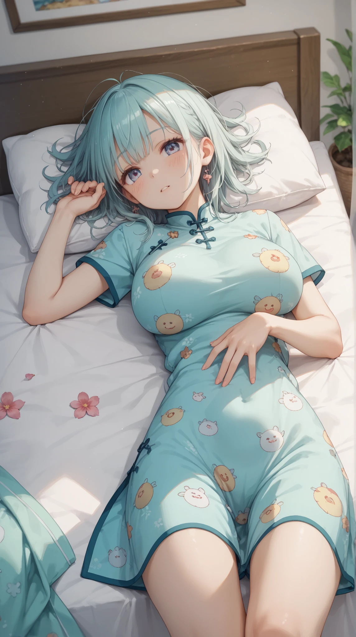 (masterpiece, top quality, best quality)、photoreality、Ultra High Definition、girls, Chinese dress、cute, summer, bed, (Face Down)、Sunshine, high resolution, Super Detailed、Blush、Staring fascinatingly 、(、 cleft)、untidy pajamas that make you stretch your hands wide、((Messy Hairstyle))、(perfect )